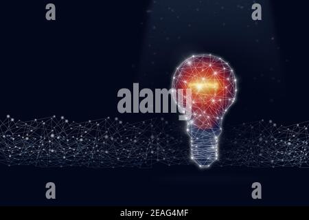 Light bulb virtual hologram with digital line on dark blue background. Creative new idea. Innovation, brainstorming, solution concepts Stock Photo