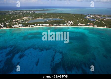 Stunning Aerial view of coastline of Seven Mile Beach Grand Cayman, Cayman Islands, Caribbean Stock Photo