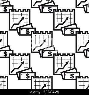 Seamless background pattern with increasing growth chart and dollar cash money in black and white in a business or financial concept Stock Vector