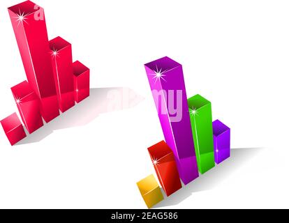 Two colourful fluctuating bar graphs viewed from a high angle, one in red and one multicoloured with sparkling corners, three dimensional illustration Stock Vector