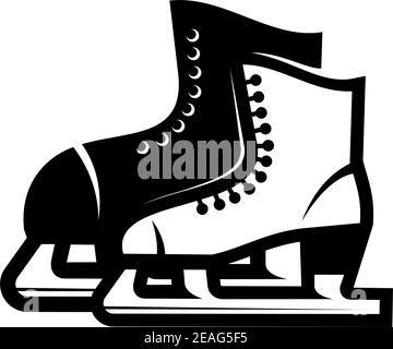 Black and white illustration of a pair of ice skates, a larger one behind in black and a dainty white one for a lady in front, vector illustration Stock Vector