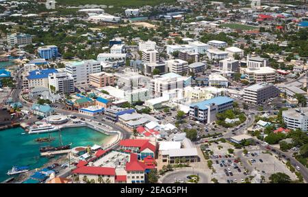 Stunning Aerial view of coastline of Captol downtown port & financial District, George Town  Grand Cayman, Cayman Islands, Caribbean Stock Photo