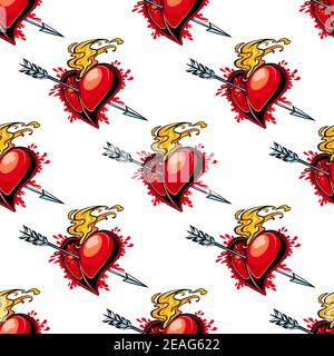 Valentines seamless background pattern of a flaming red heart pierced by an arrow depicting passion, desire, lust and red hot love, cartoon vector ill Stock Vector