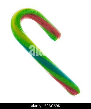 Candy cane with green blue yellow and red stripes isolated on a white background. Stock Photo