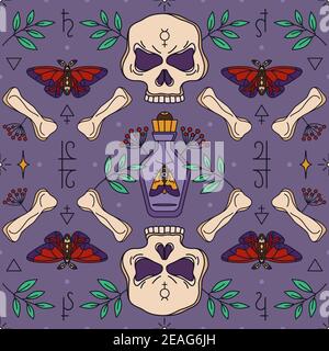 Seamless wicca pattern with skull, bones and potion bottle. Herbal healing and shamanism - esoteric print design Stock Vector
