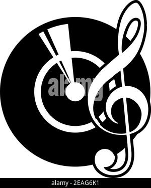 Black and white cartoon icon of a vinyl record and a musical clef depicting old retro long-play records now used to create disco music through mixing Stock Vector