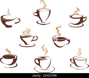 Set of eight different steaming cups of hot beverages such a coffee, tea or hot chocolate in cups and mugs, sketched design elements Stock Vector