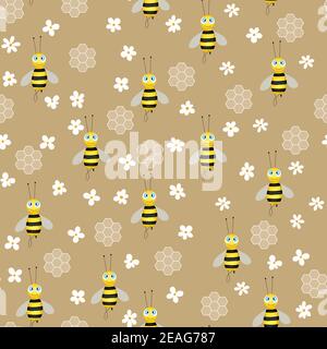 Seamless pattern with bees and honeycombs on brown background. Small wasp. Vector illustration. Adorable cartoon character. Template design for Stock Vector