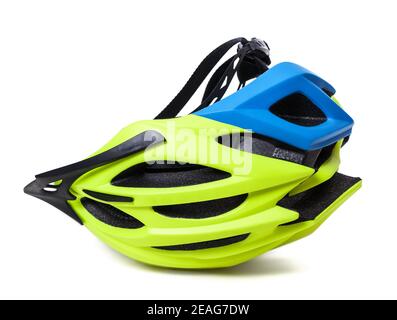 Multicolor bicycle helmet upside down isolated on white background Stock Photo