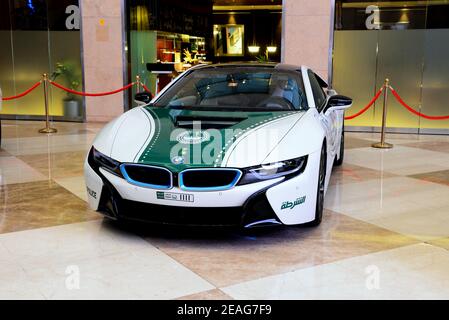 DUBAI, UAE - NOVEMBER 16: The BMW i8 electric car of Dubai Police is on Dubai Motor Show 2019 on November 16, 2019 Stock Photo