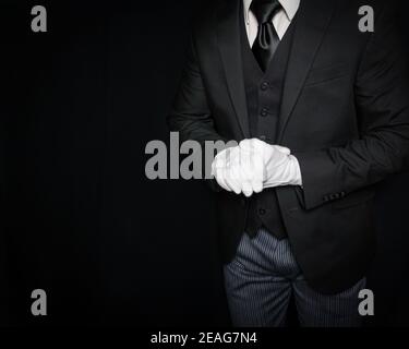 Portrait of Butler or Servant in Dark Suit and White Gloves Ready to Help. Service Industry. Professional Hospitality and Courtesy. Formal Service Stock Photo