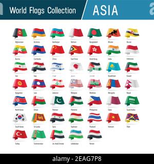 Flags of Asia, waving in the wind. Icons pointing location, origin, language. Vector world flags collection. Stock Vector