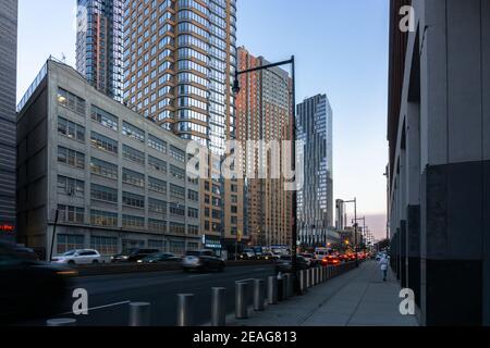 New York, USA - January 21, 2021: Street view of Flatbush Avenue in Brooklyn, New York with surrounding tall buildings Stock Photo