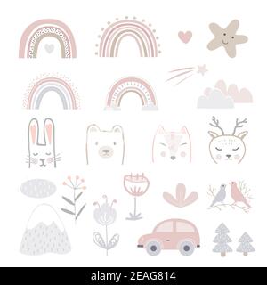 Set of cartoon childhood symbols and icons. Animals heads, flowers, car, stars, and landscape elements for nursery. Scandinavian style vector Stock Vector