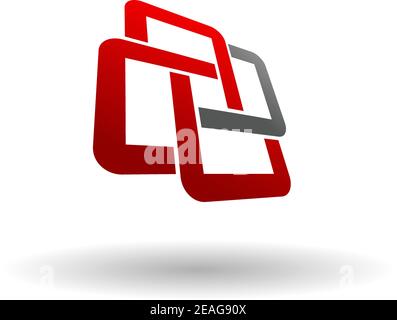 Abstract symbol of interlocking squares with a curved oblique perspective in shades of red through grey on a white background Stock Vector