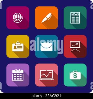 Set of flat business icons on buttons with a globe, pen, newspaper, graph, briefcase, identification, money, calendar and presentation in vector carto Stock Vector