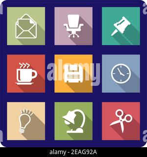 Office icons or buttons on coloured backgrounds depicting mail, thumb tack, coffee, clock, disk, scissors, lightbulb, lamp and a swivel chair Stock Vector