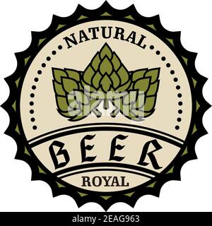 Circular natural royal beer icon or bottle cap design with text and hops, vector illustration on white Stock Vector