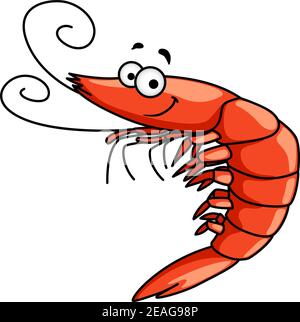 Happy red prawn or shrimp with curly feelers and a smiling face, cartoon vector illustration Stock Vector