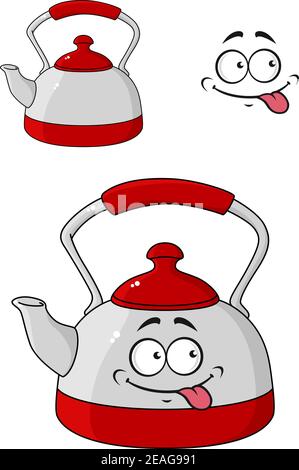 Cartoon kettle with a happy smiling face and red lid and handle isolated on white Stock Vector