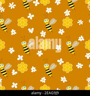 Seamless pattern with bees and honeycombs on brown background. Small wasp. Vector illustration. Adorable cartoon character. Template design for Stock Vector