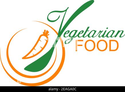 Vegetarian food symbol showing a fresh carrot on a plate with stylised font incorporating a spoon, vector illustration Stock Vector