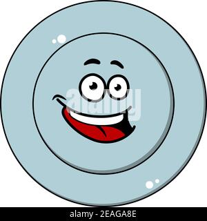 Happy blue plate with a laughing face and red tongue, overhead view on white, vector cartoon illustration Stock Vector