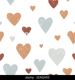Modern pastel colored seamless pattern with hand drawn hearts for Valentine day or kids design. Cute minimalistic scandinavian cartoon elements Stock Vector