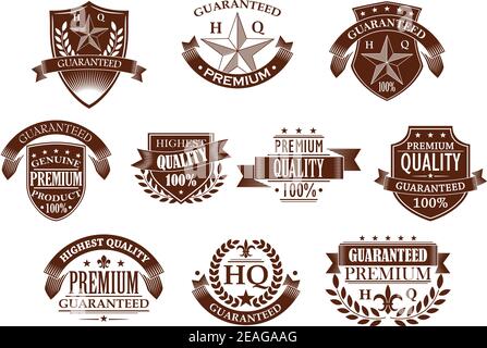 Collection of ten different vector designs for premium and highest quality guaranteed labels in brown and white Stock Vector