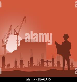 Male engineer with hard hat using holding blueprint at construction site in orange shade background illustration vector. Stock Vector
