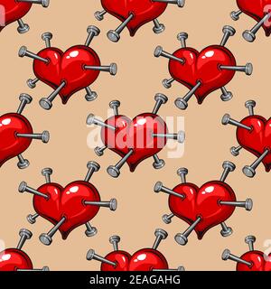 Seamless pattern of red hearts studded with nails conceptual of a broken or unrequited romance, heartbreak or ill-health, vector illustration in squar Stock Vector