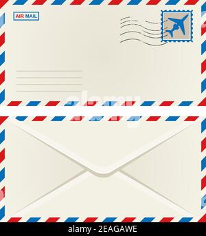 Front and back of an unaddressed airmail envelope with an airplane postage stamp and postage cancellation, vector illustration isolated on white Stock Vector