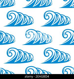 Seamless pattern of curling blue ocean waves with a repeat motif arranged in rows on a square format for wallpaper, tiles and fabric, vector illustrat Stock Vector