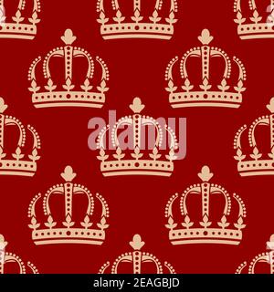 Seamless pattern of royal crowns on a red background with a repeat motif arranged in rows in square format suitable for wallpaper and fabric Stock Vector