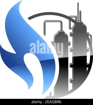 Petrochemical and gas industry icon with a burning blue flame and tanks at industrial plant in a power and energy concept Stock Vector