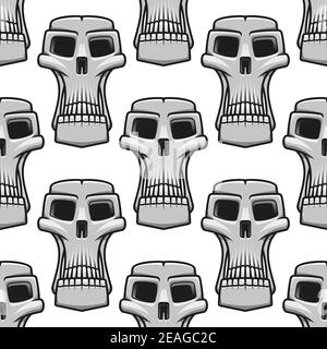 Seamless pattern of long stylized spooky Halloween skulls in a repeat motif in square format, black and white outline vector illustration Stock Vector