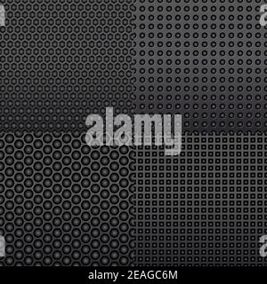 Four different repeat seamless carbon patterns in dark grey resembling an indented surface of shaded stippled shapes in square format Stock Vector