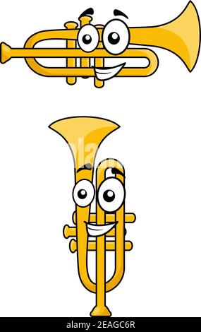 Two variations of a brass cartoon trumpet with a happy smiley face, one vertical and one horizontal, for music design Stock Vector