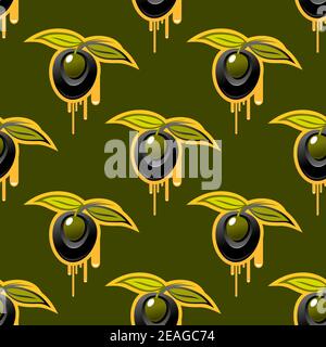 Repeat background seamless pattern of fresh olives with two leaves dripping golden olive oil in square format on an olive green background Stock Vector