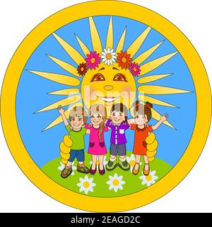 Cute colorful cartoon illustration of happy children and the sun that hugs them. Happy Friendship Day, Happy Children's Day, background poster Stock Photo