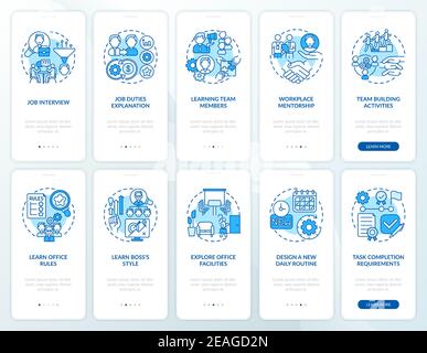 Workplace of mentorship onboarding mobile app page screen with concepts set Stock Vector