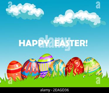 Colourful Happy Easter greeting card design with a row of decorated Easter Eggs in fresh green spring grass under a blue sky with fluffy white clouds Stock Vector