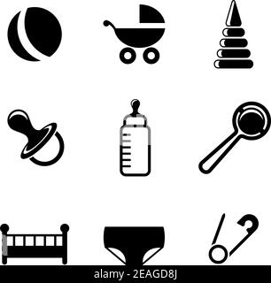 Baby and childish icons with a pram, ball, bottle, dummy or pacifier, crib, nappy, safety pin and toys in a black and white Stock Vector