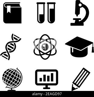 Science and education icons depicting book, test tubes, DNA, graduation, microscope, atom, pencil, globe and computer Stock Vector