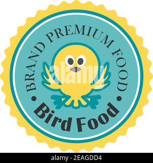 Premium bird food icon with a cute little bird fluttering its wings inside a blue and gold medallion with the text Stock Vector