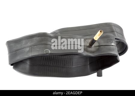 Bicycle rubber wheel camera isolated on white background. Stock Photo