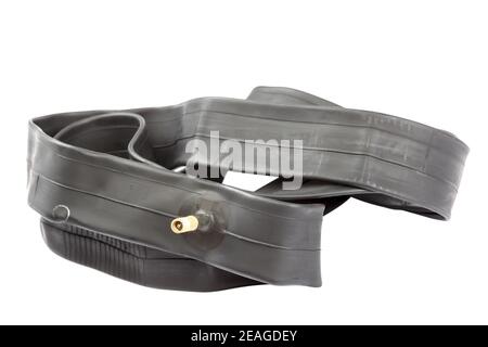 Bicycle rubber wheel camera isolated on white background. Stock Photo
