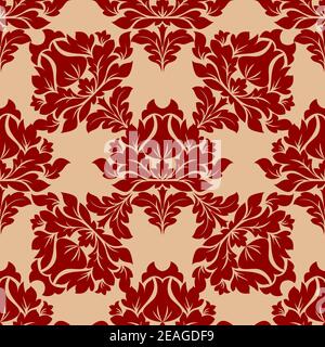 Damask style floral pattern in red with the floral motifs arranged in circular orientation for a seamless design in square format suitable for fabric Stock Vector