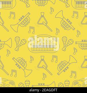 Vector seamless pattern with children's musical toys. Illustration with musical instruments. Maracas, synthesizer, trumpet, triangle and notes. Toys f Stock Vector