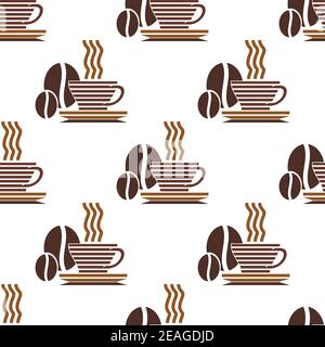 Repeat pattern of a striped cup of steaming hot coffee and coffee beans in brown and white in square format Stock Vector